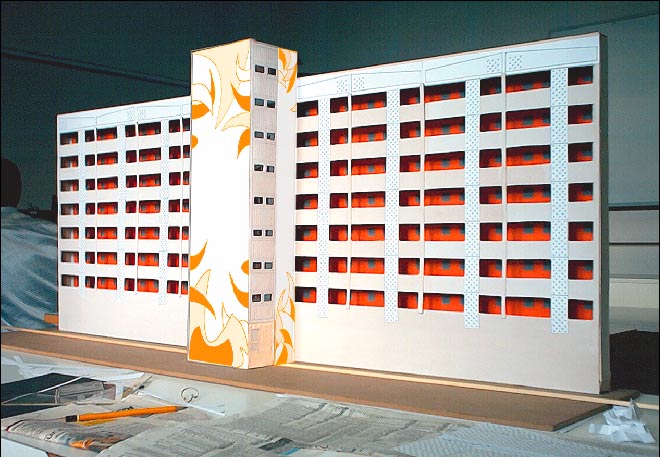 model for one of the designs - this one became the blueprint for two of the three towers while a second dsign became the one for tower no. 1. The designs featured only 2 colors to be used by the craftsmen so the company would save costs for the facade makeover.
