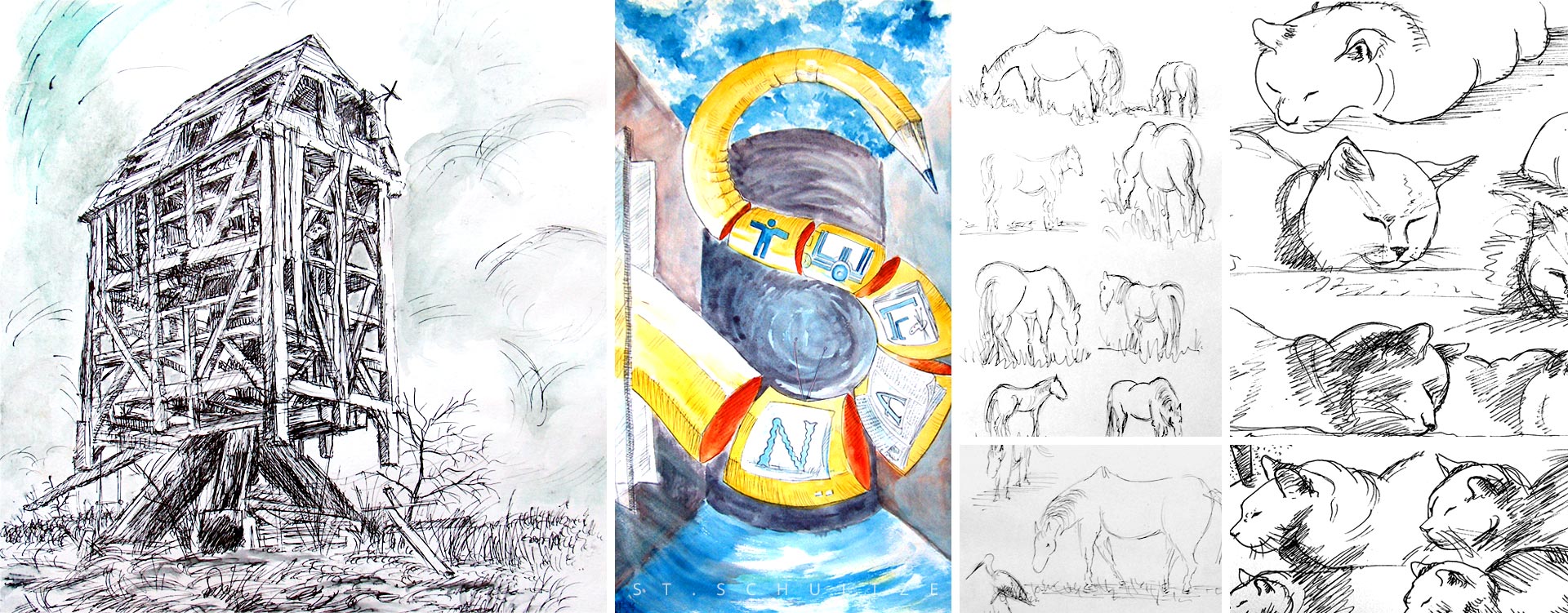 art painting by Stefan Schultze: The old windmill of Langerwisch / some old vintage scribbles from the 1990s by yours truly