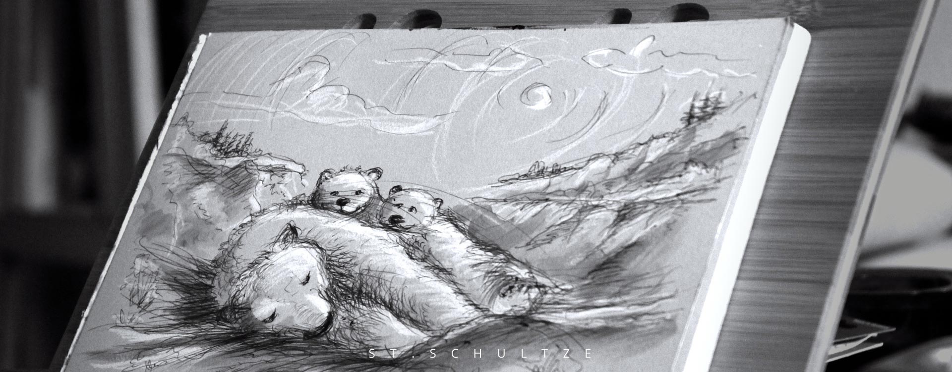 art drawing painting illustration by Stefan Schultze: polarbearcubs, Eisb&auml;rchen, Eisb&auml;ren, Eisb&auml;renmama