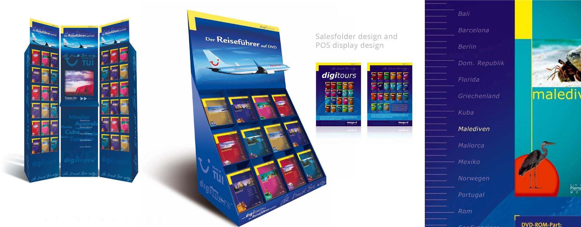 POS Display and Salesfolder design for a travel DVD series. you could see these series in many travel agencies - they became kinda standard back in the days.POS display and salesfolder design by St.Schultze